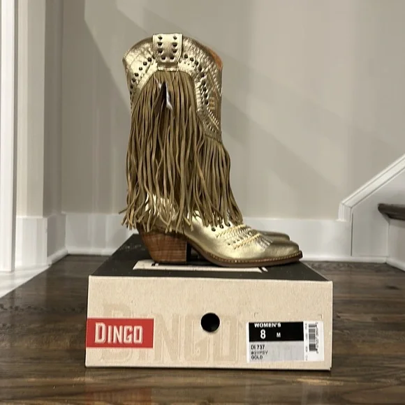 Dingo Gypsy Metallic Leather Fringed Embroidered Studded Western Boots - Picture 2 of 6
